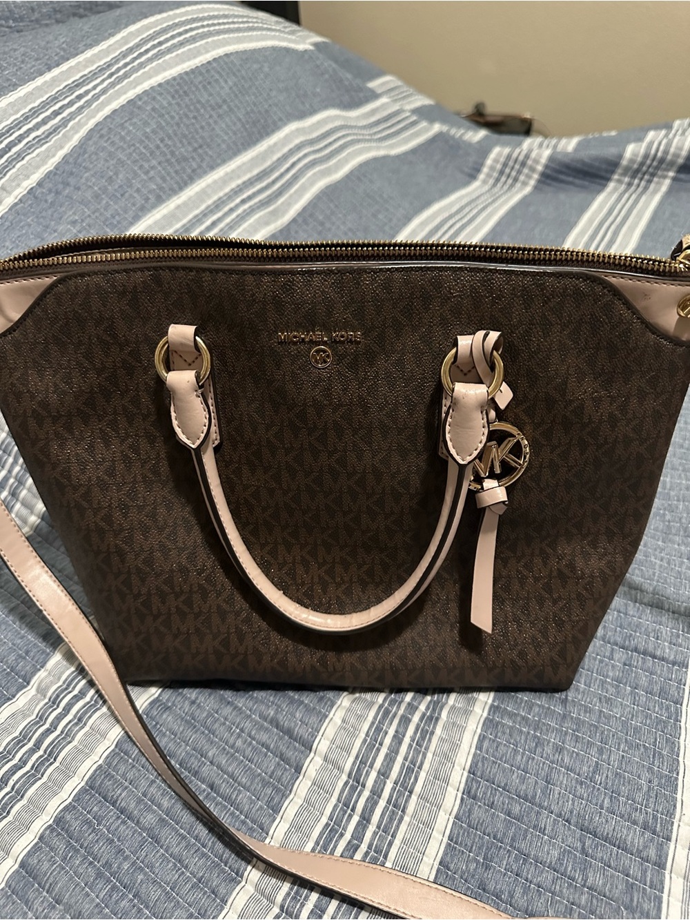 Michael Kors Brown MK Signature Satchel with Pale Pink Trim